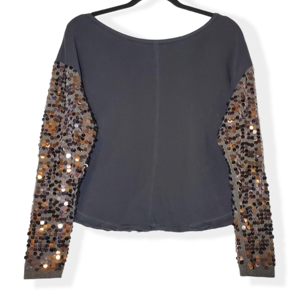 Free People "Charcoal" Grey Sequined Sleeve Top - Picture 7 of 11